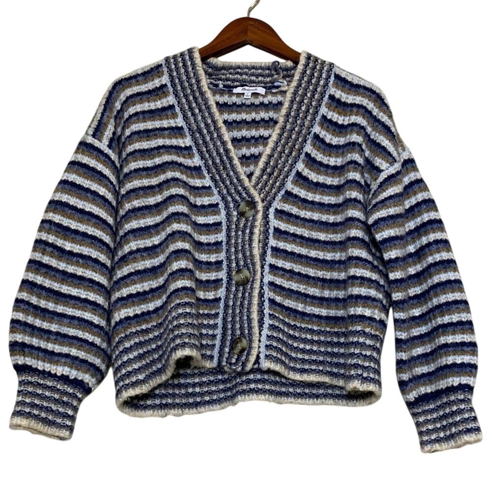Madewell Waller Cardigan Sweater Women’s Small Striped Wool Cropped Cream Blue - Picture 3 of 9